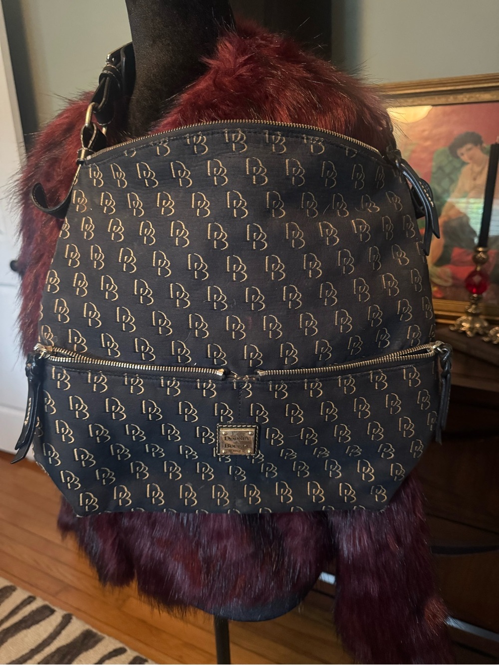 Y2K Dooney & Bourke Signature DB monogram hobo, Navy leather trim